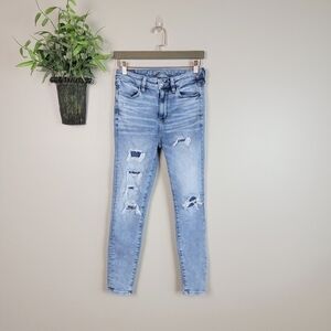 American Eagle Super Hi Rise Jegging Distressed Patch Skinny Light AE 4 Jeans